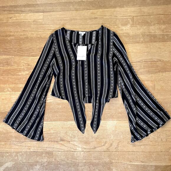 NWT Love, Fire V-neck tie front button down blouse shirt flared sleeves SP b27 - Picture 1 of 4